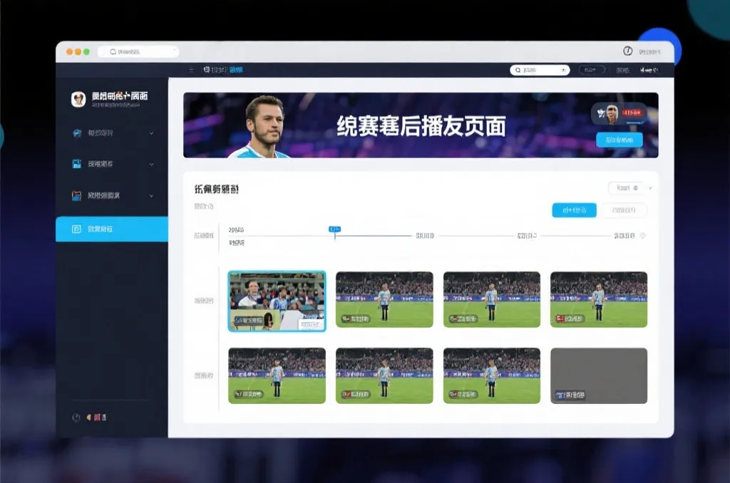 比赛结束后，电视屏幕展示集锦回放页面，旁边有时间轴和多角度切换提示